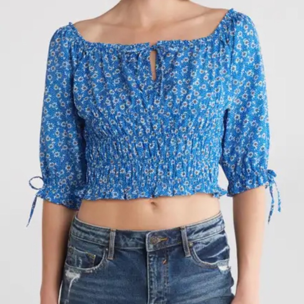 Floral Blue Smocked Crop Top women summer Vigoss M medium